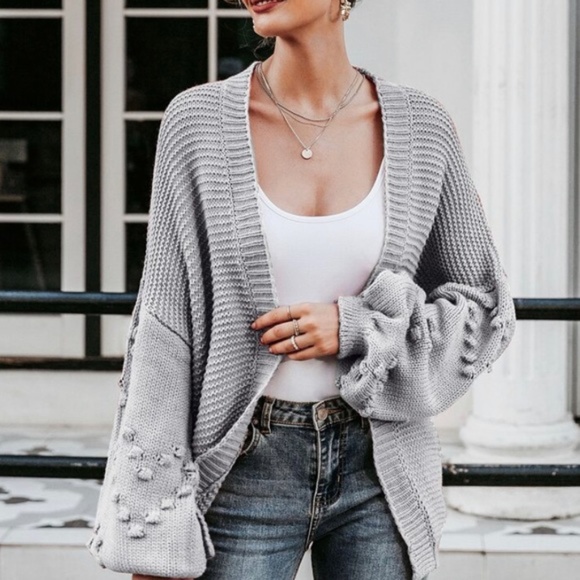 Cozy Dusty Pink Heart pom Balloon Sleeve Knit Cardigan - Picture 3 of 5